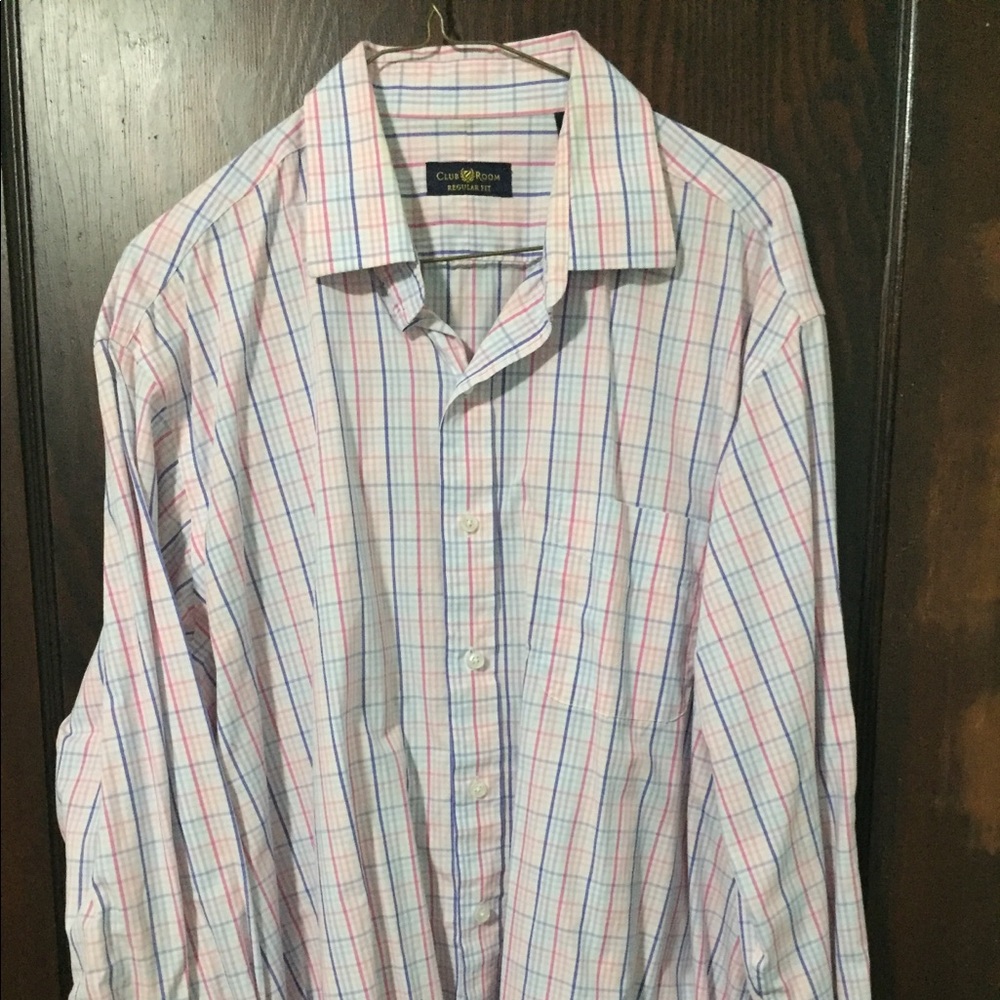 Blue, pink, and white checkered men’s dress shirt
